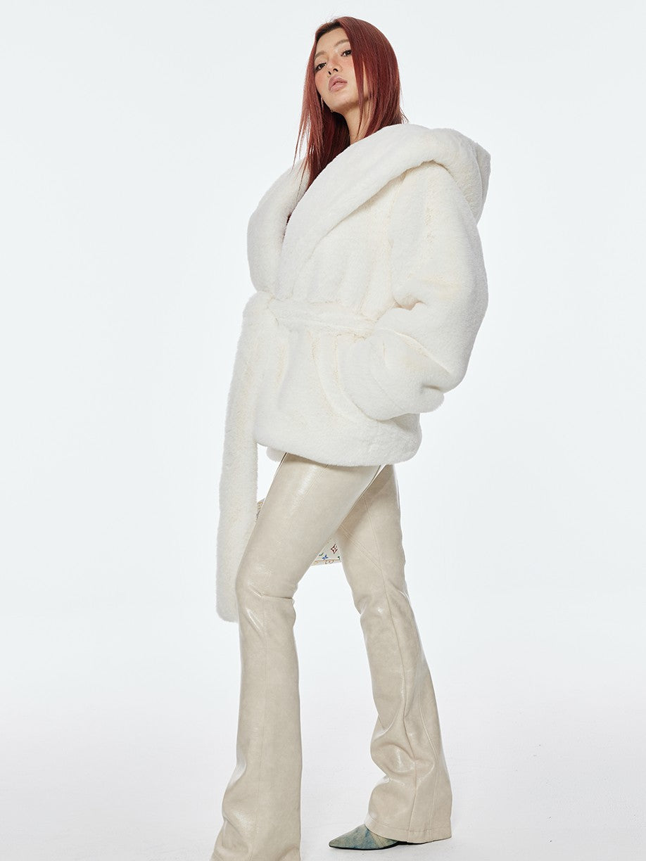 BUM STUDIO Milk White Oversized Hood Lapel Mid Length Loose Women's Faux Fur Wool Coats