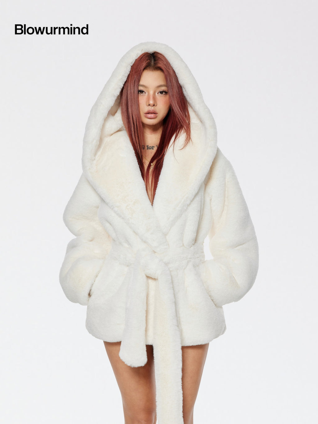BUM STUDIO Milk White Oversized Hood Lapel Mid Length Loose Women's Faux Fur Wool Coats
