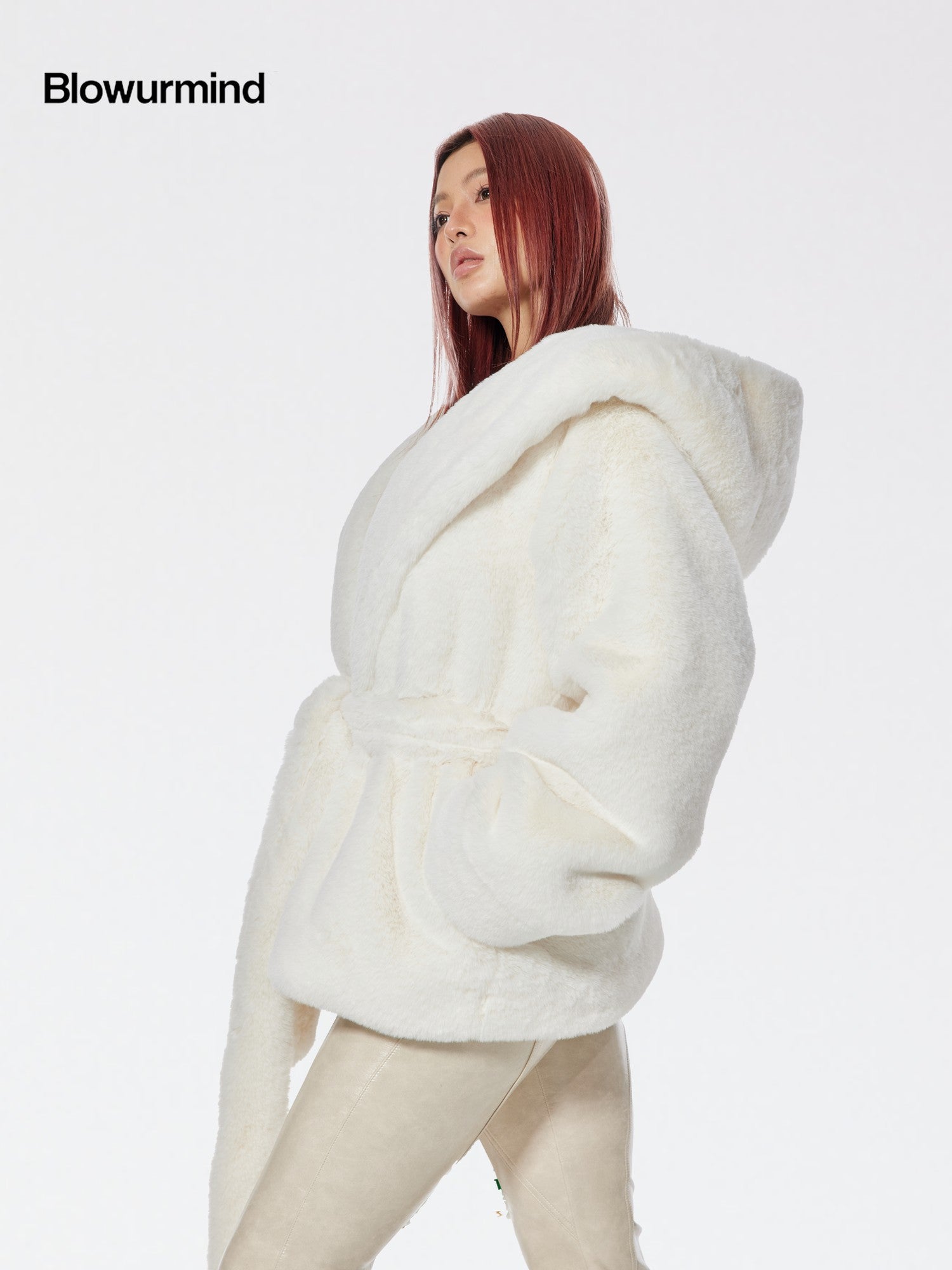 BUM STUDIO Milk White Oversized Hood Lapel Mid Length Loose Women's Faux Fur Wool Coats