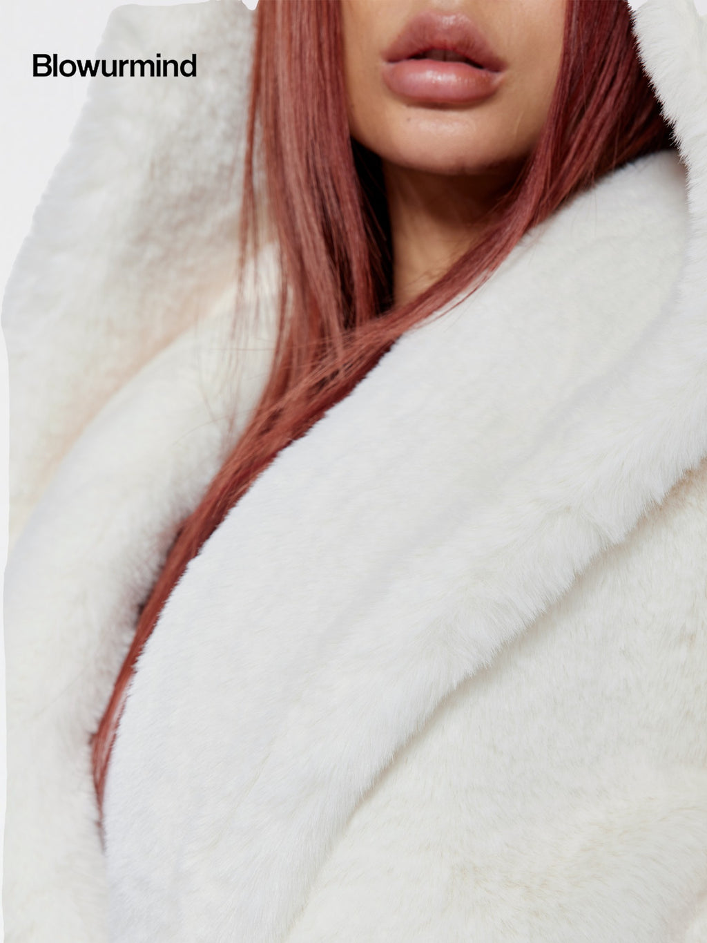 BUM STUDIO Milk White Oversized Hood Lapel Mid Length Loose Women's Faux Fur Wool Coats