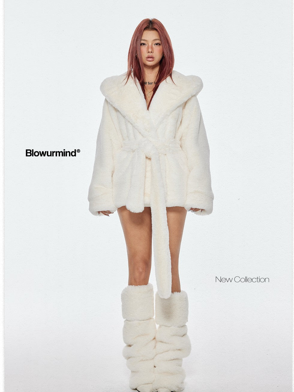 BUM STUDIO Milk White Oversized Hood Lapel Mid Length Loose Women's Faux Fur Wool Coats