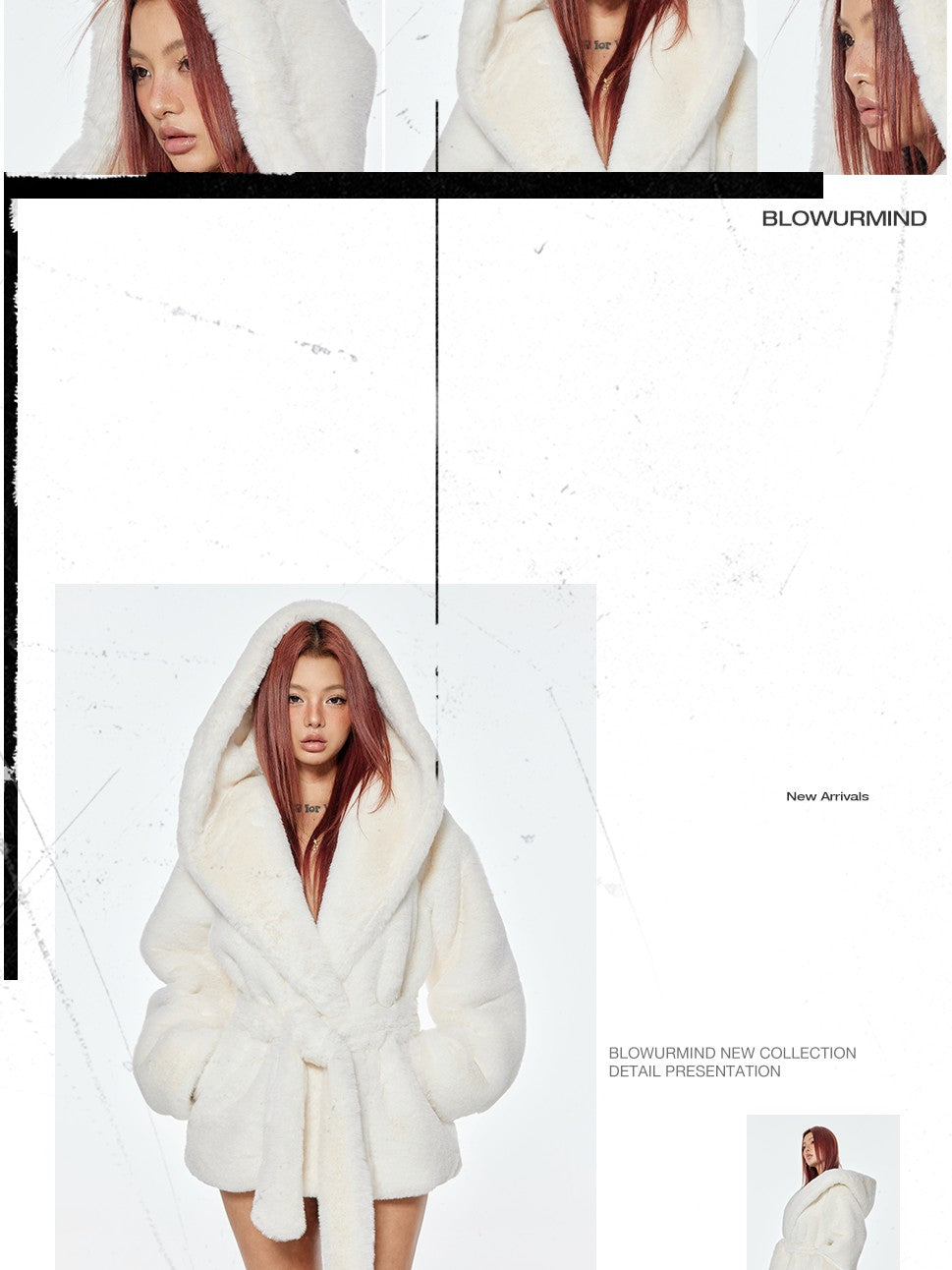 BUM STUDIO Milk White Oversized Hood Lapel Mid Length Loose Women's Faux Fur Wool Coats