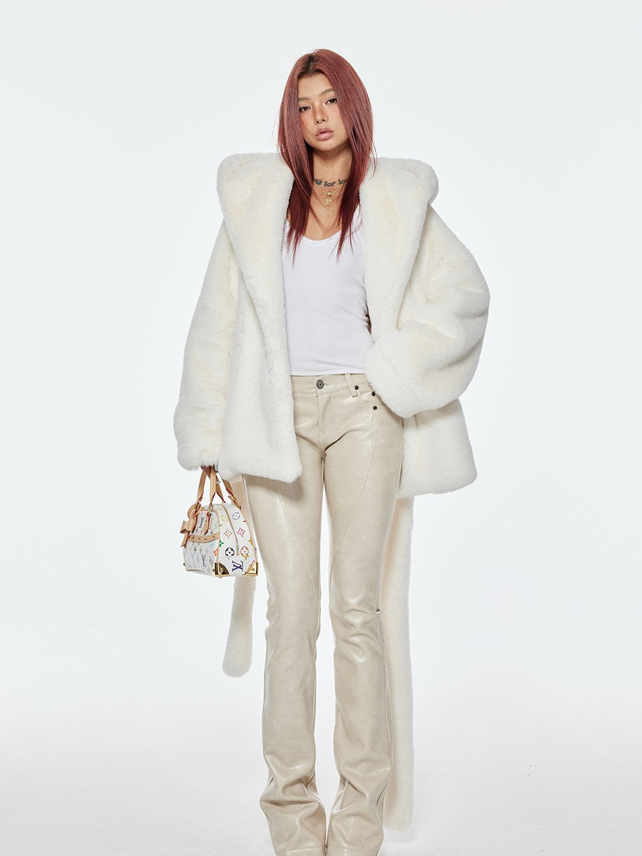 BUM STUDIO Milk White Oversized Hood Lapel Mid Length Loose Women's Faux Fur Wool Coats