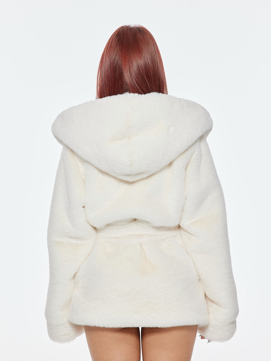 BUM STUDIO Milk White Oversized Hood Lapel Mid Length Loose Women's Faux Fur Wool Coats