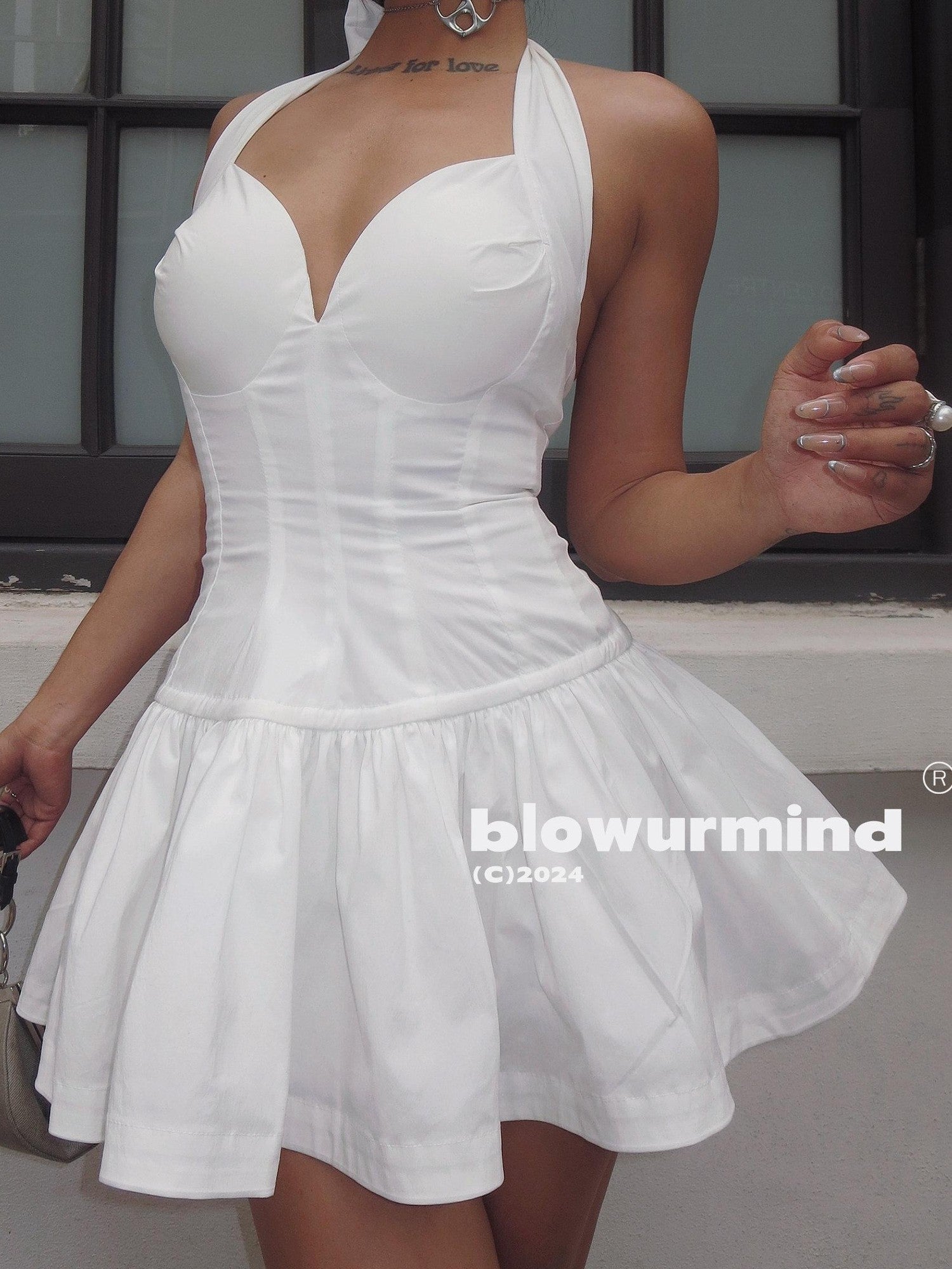 BUM STUDIO Monet Garden Shaped Bust Cinched Waist Women's Cotton Blend Halter Mini Dresses
