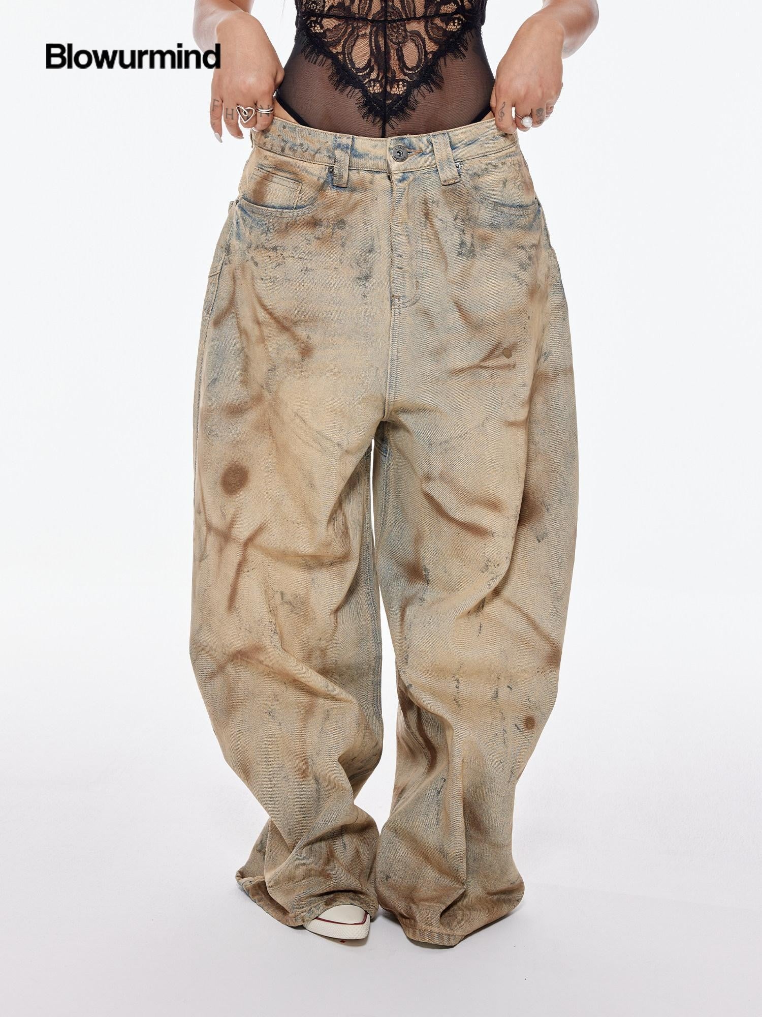 BUM STUDIO Mud Dyed Hand Spray Distressed Women's Cotton Wide-leg Jeans