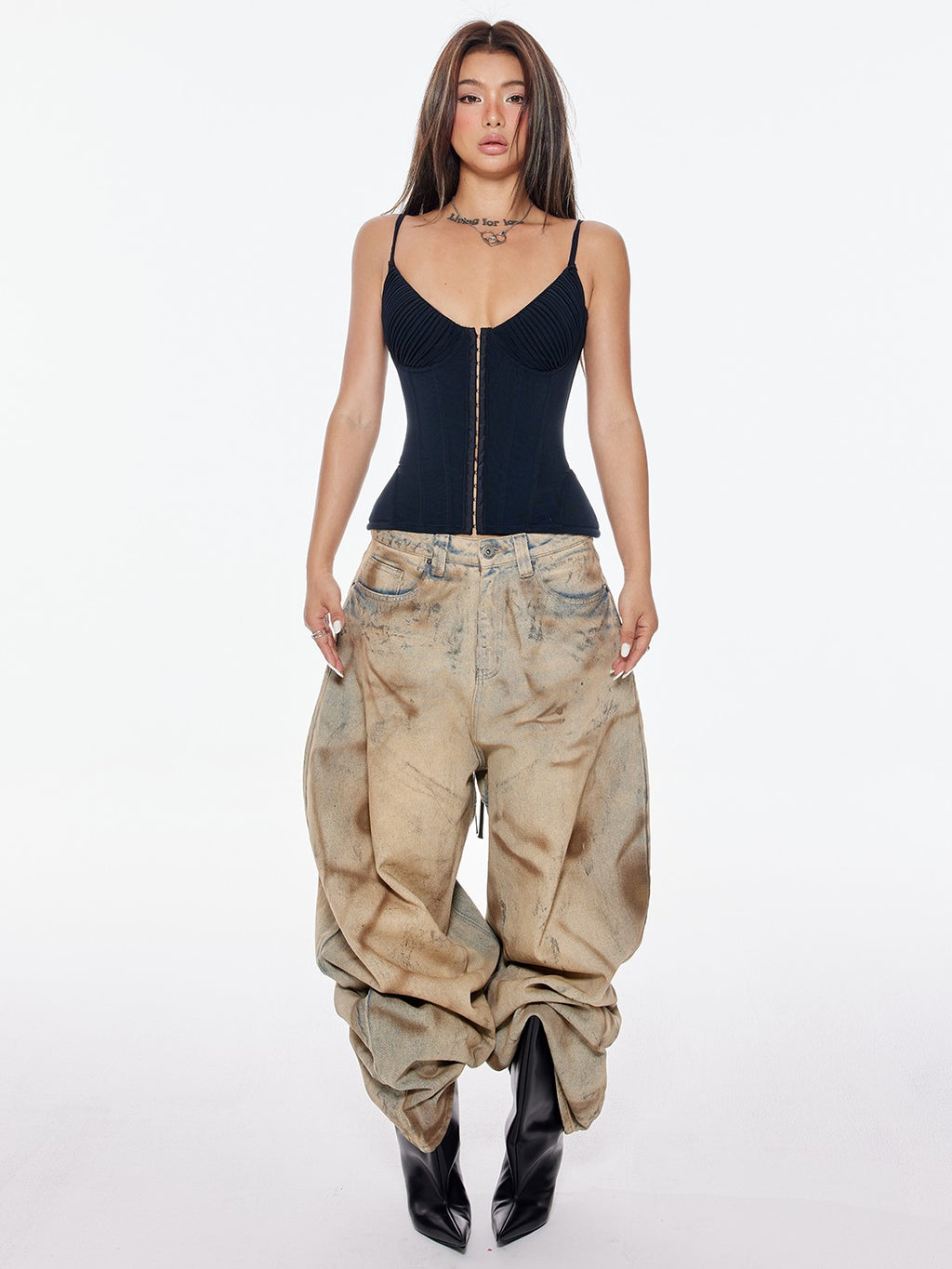 BUM STUDIO Mud Dyed Hand Spray Distressed Women's Cotton Wide-leg Jeans