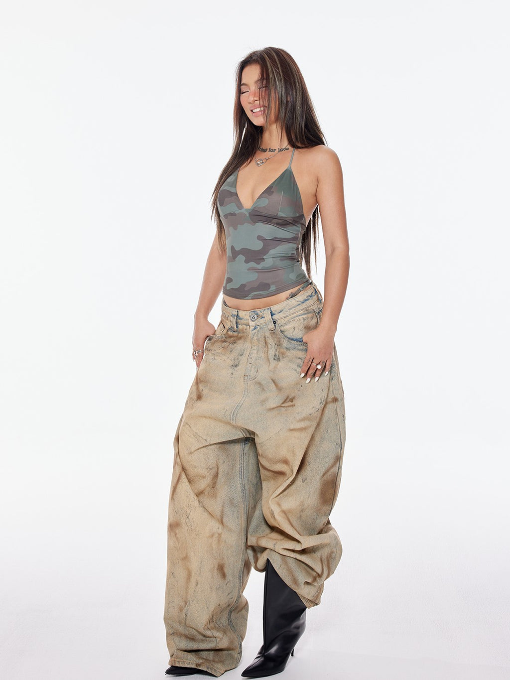 BUM STUDIO Mud Dyed Hand Spray Distressed Women's Cotton Wide-leg Jeans