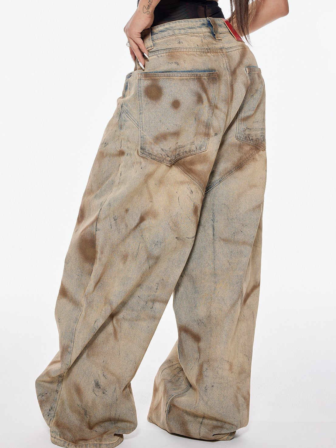 BUM STUDIO Mud Dyed Hand Spray Distressed Women's Cotton Wide-leg Jeans