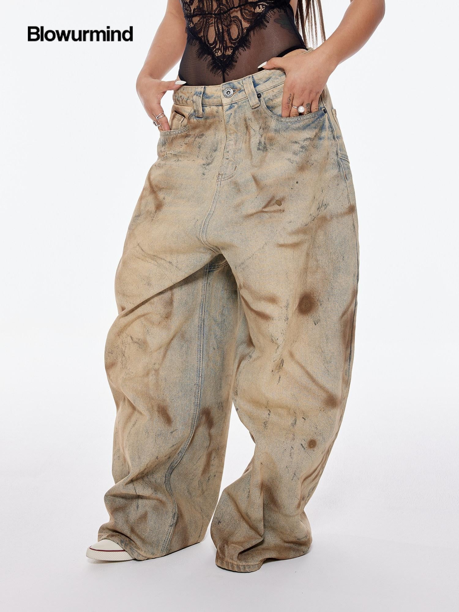 BUM STUDIO Mud Dyed Hand Spray Distressed Women's Cotton Wide-leg Jeans