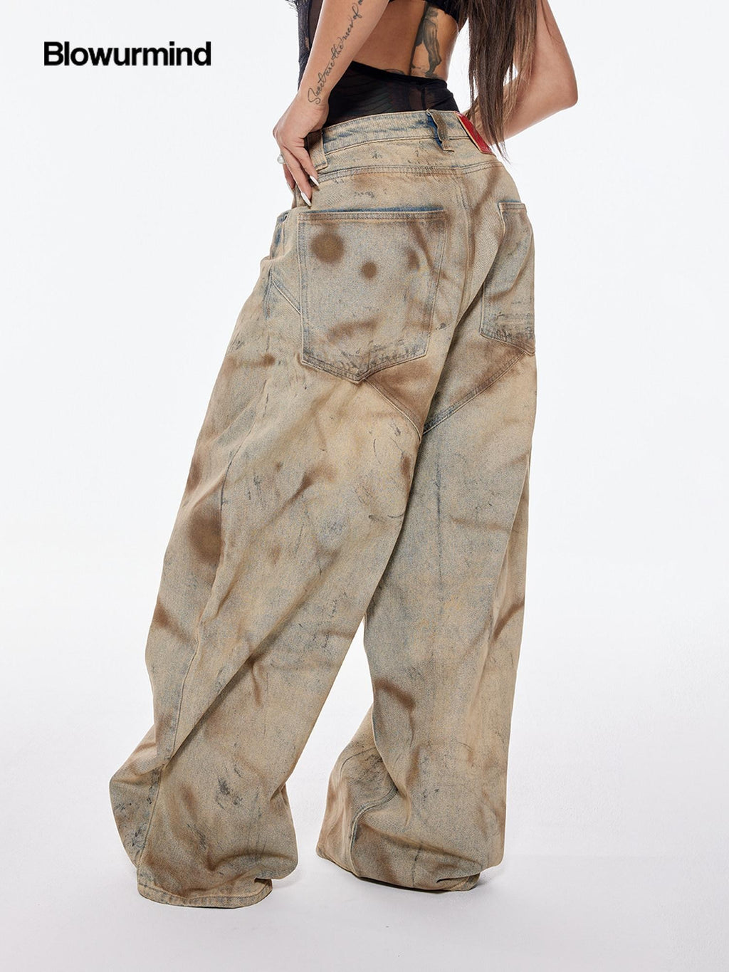 BUM STUDIO Mud Dyed Hand Spray Distressed Women's Cotton Wide-leg Jeans