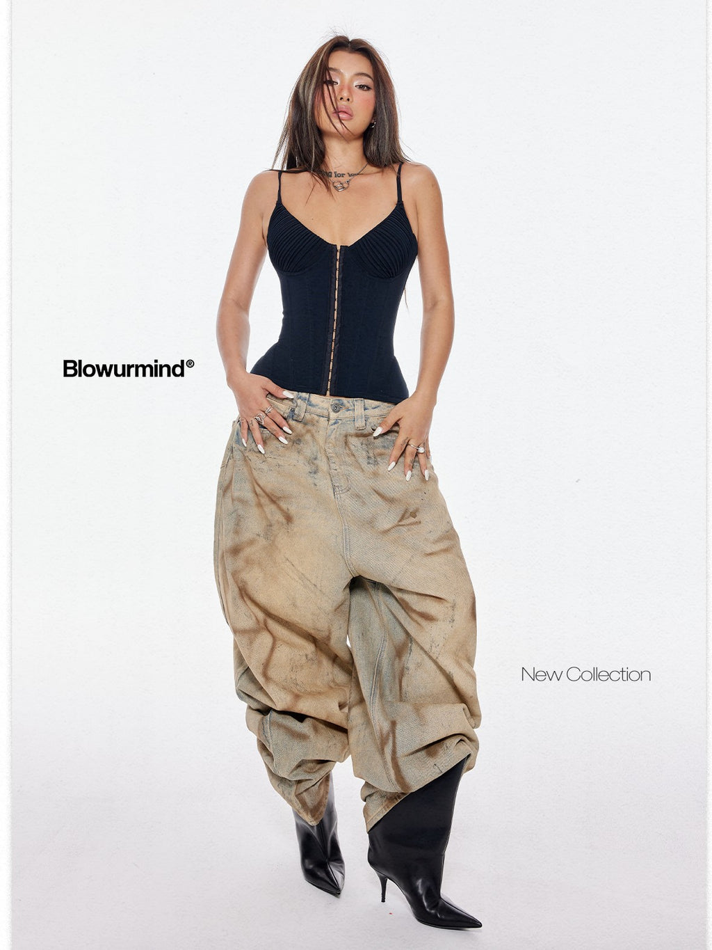 BUM STUDIO Mud Dyed Hand Spray Distressed Women's Cotton Wide-leg Jeans
