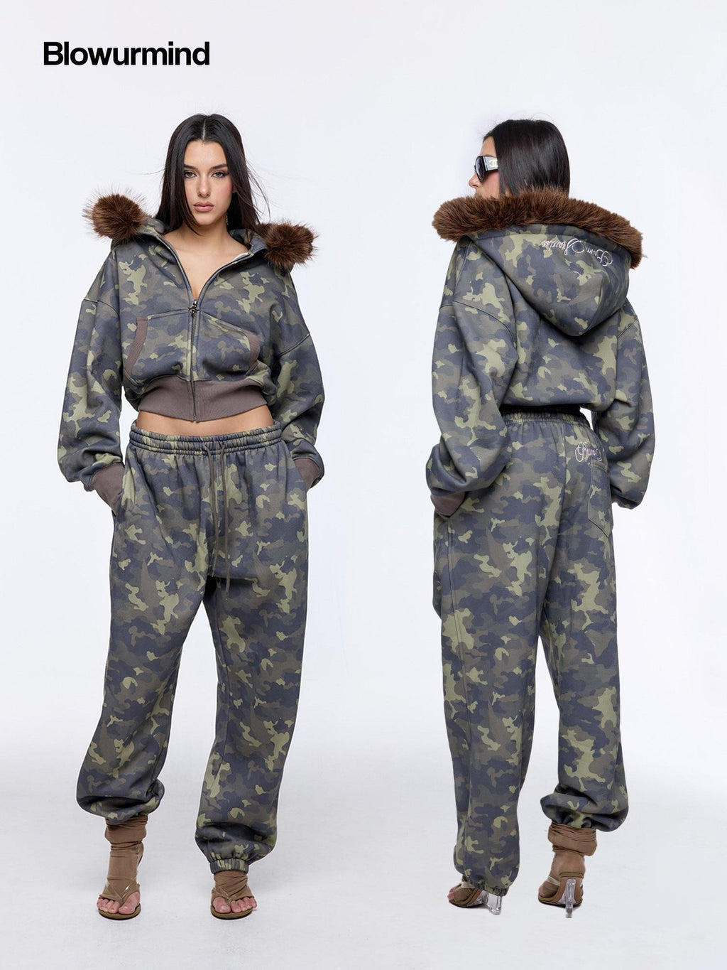BUM STUDIO Muted Camouflage Distressed Embroidered Women's Cropped Zip Tracksuit Sets