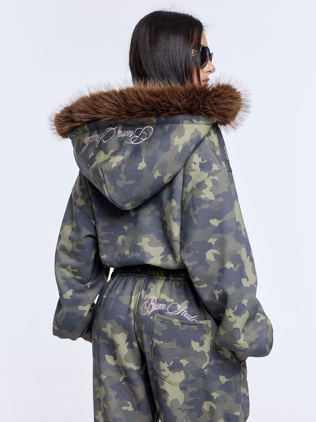 BUM STUDIO Muted Camouflage Distressed Embroidered Women's Cropped Zip Tracksuit Sets