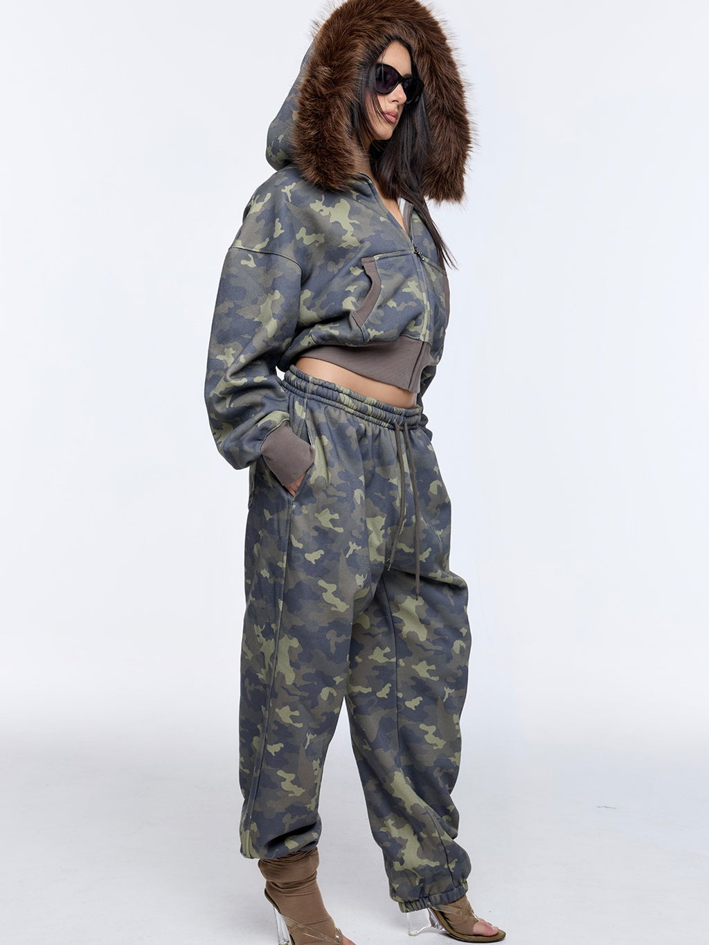 BUM STUDIO Muted Camouflage Distressed Embroidered Women's Cropped Zip Tracksuit Sets