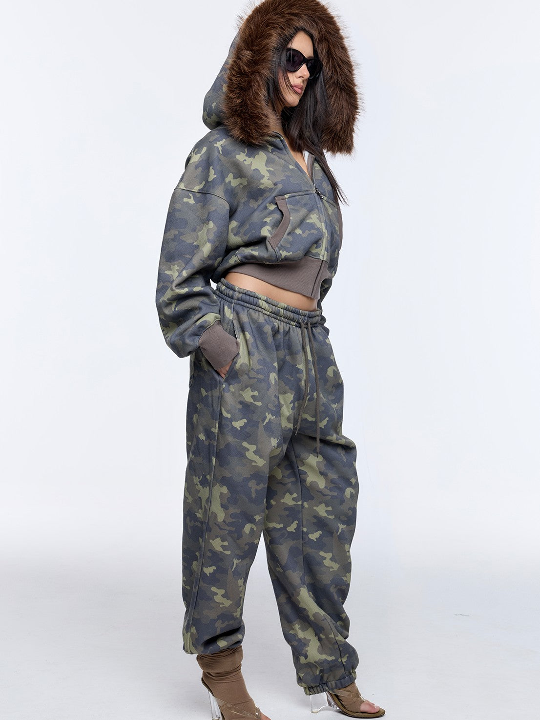 BUM STUDIO Muted Camouflage Distressed Embroidered Women's Cropped Zip Tracksuit Sets