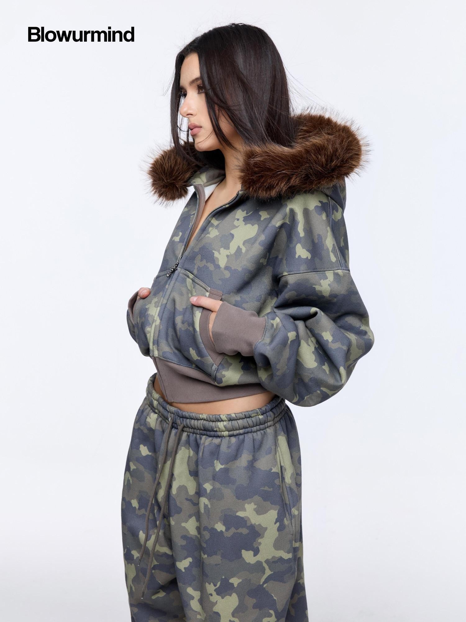 BUM STUDIO Muted Camouflage Distressed Embroidered Women's Cropped Zip Tracksuit Sets