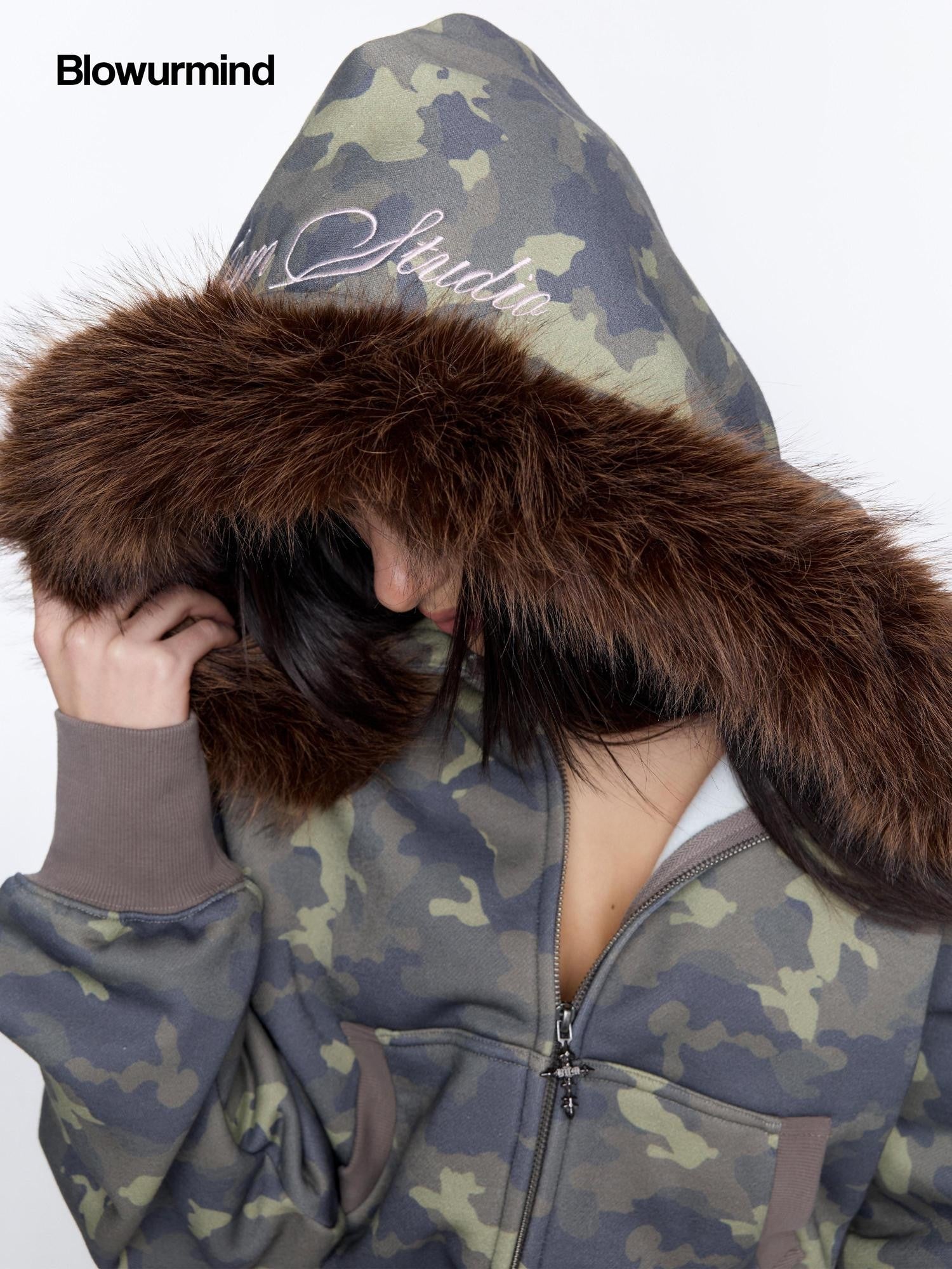 BUM STUDIO Muted Camouflage Distressed Embroidered Women's Cropped Zip Tracksuit Sets