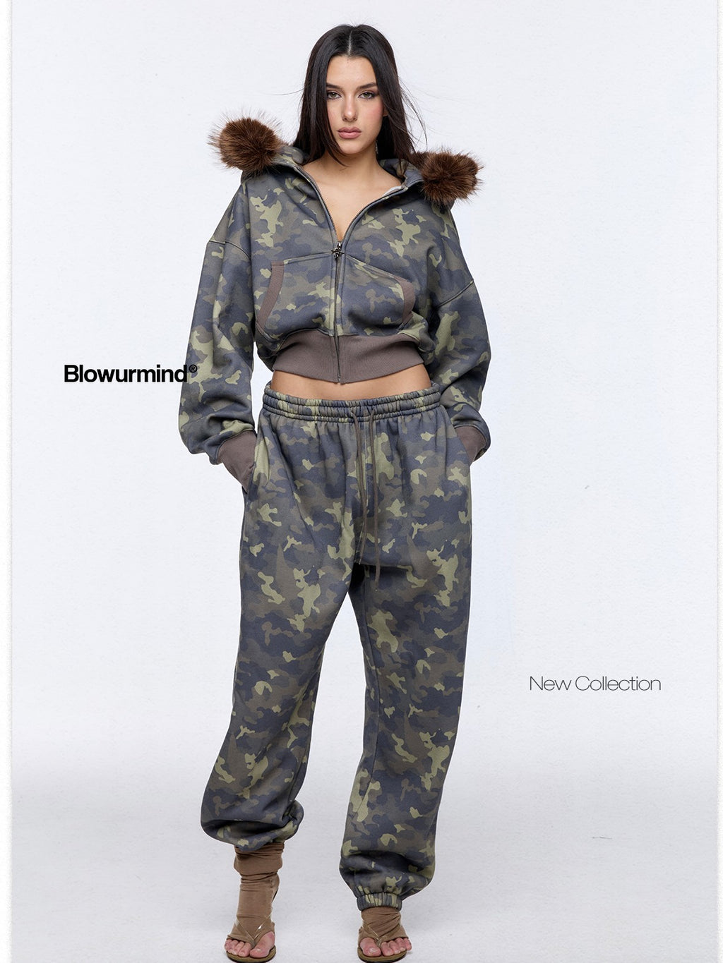 BUM STUDIO Muted Camouflage Distressed Embroidered Women's Cropped Zip Tracksuit Sets
