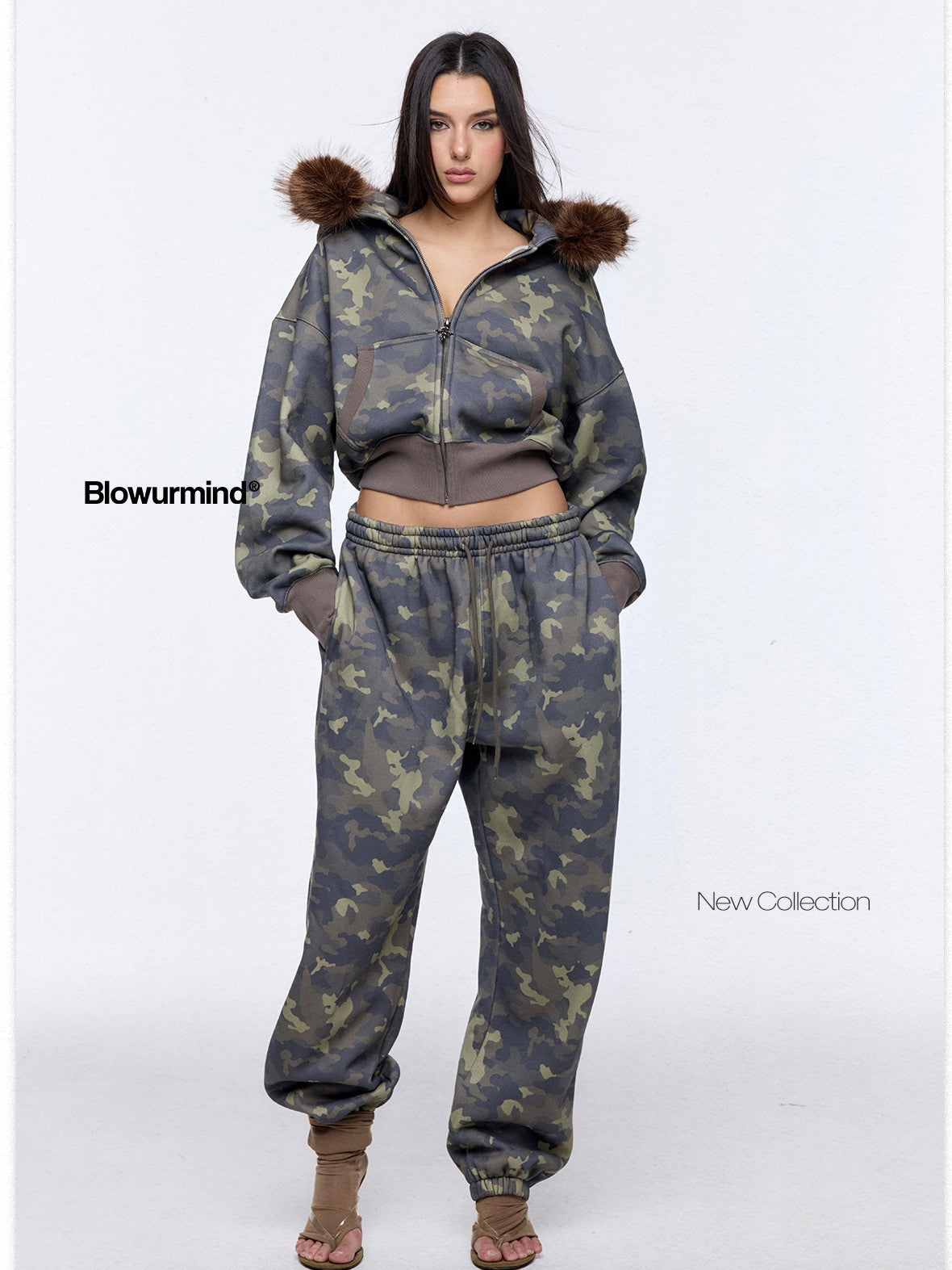 BUM STUDIO Muted Camouflage Distressed Embroidered Women's Cropped Zip Tracksuit Sets