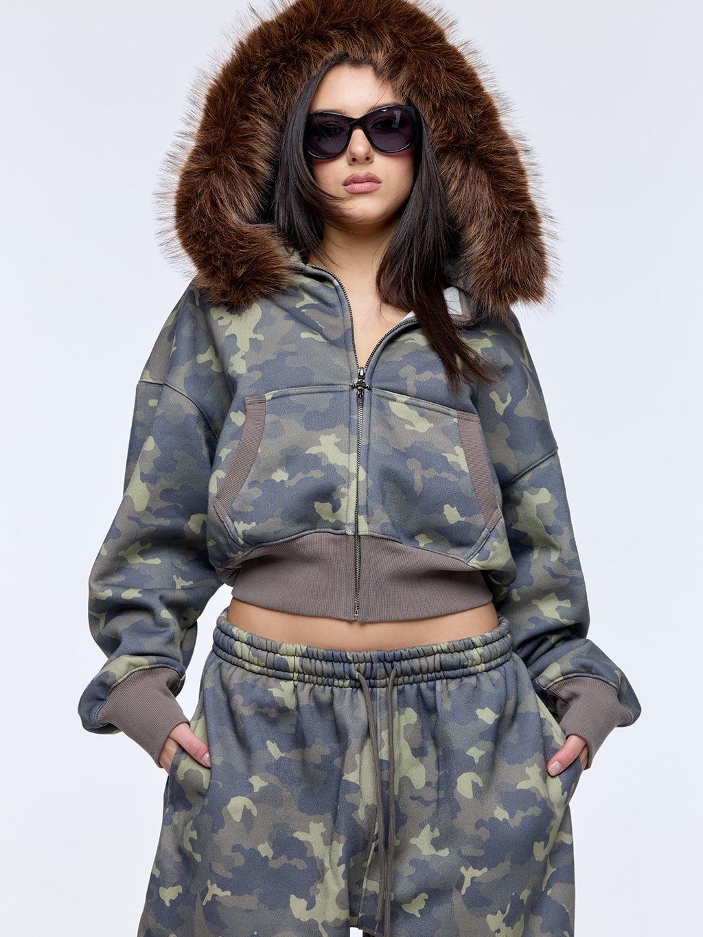 BUM STUDIO Muted Camouflage Distressed Embroidered Women's Cropped Zip Tracksuit Sets