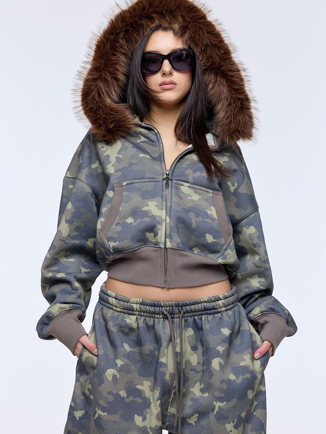 BUM STUDIO Muted Camouflage Distressed Embroidered Women's Cropped Zip Tracksuit Sets