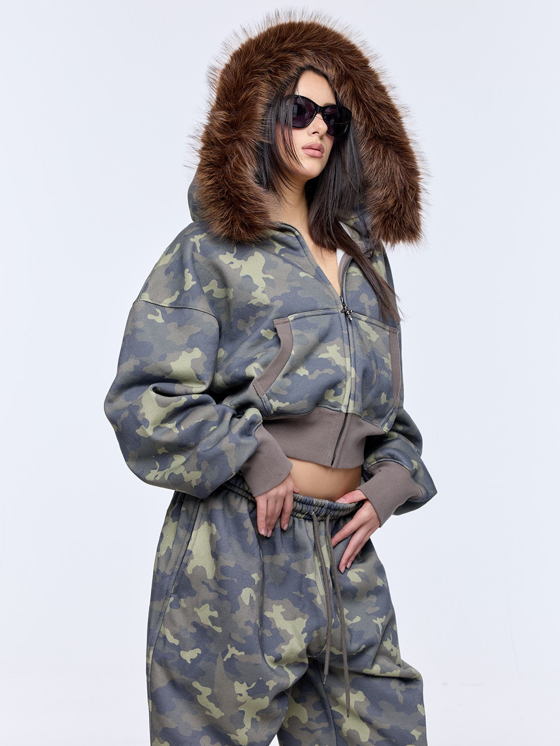 BUM STUDIO Muted Camouflage Distressed Embroidered Women's Cropped Zip Tracksuit Sets