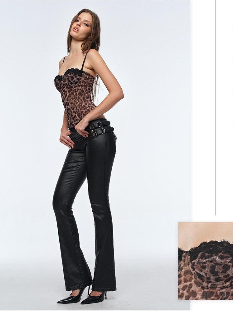BUM STUDIO Muted Leopard Print Double Layer Compression Mesh Boned Women's Lace Camisoles