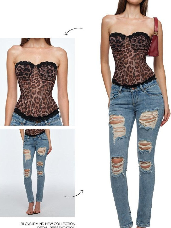 BUM STUDIO Muted Leopard Print Double Layer Compression Mesh Boned Women's Lace Camisoles