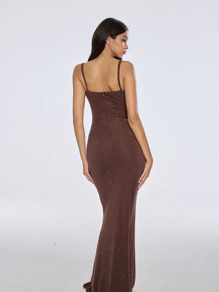BUM STUDIO Nude Contoured Rhinestone Padded Mermaid Women's Viscose Bodycon Maxi Dresses