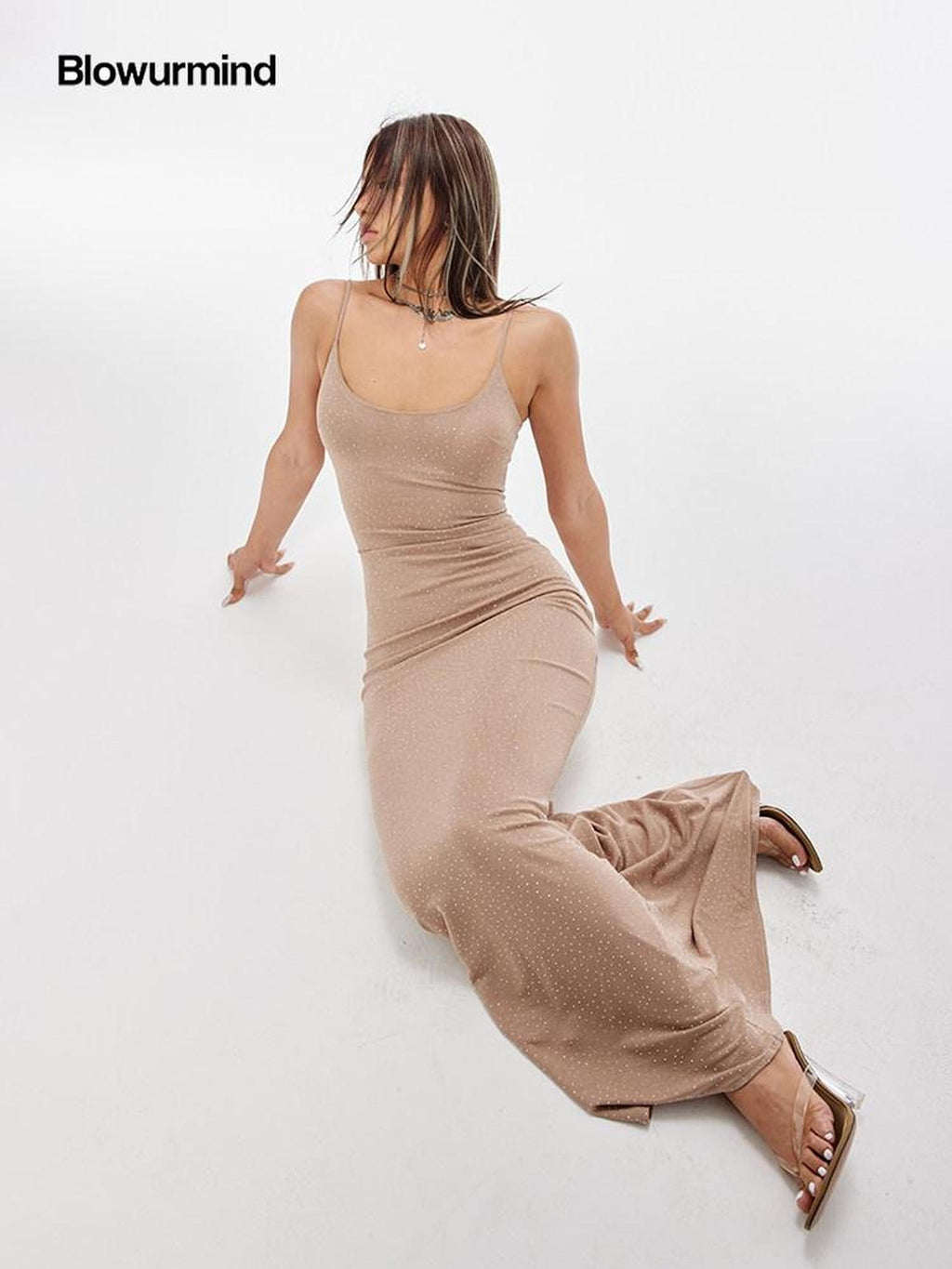 BUM STUDIO Nude Contoured Rhinestone Padded Mermaid Women's Viscose Bodycon Maxi Dresses