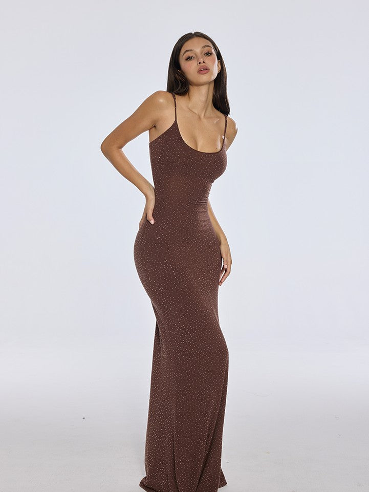 BUM STUDIO Nude Contoured Rhinestone Padded Mermaid Women's Viscose Bodycon Maxi Dresses