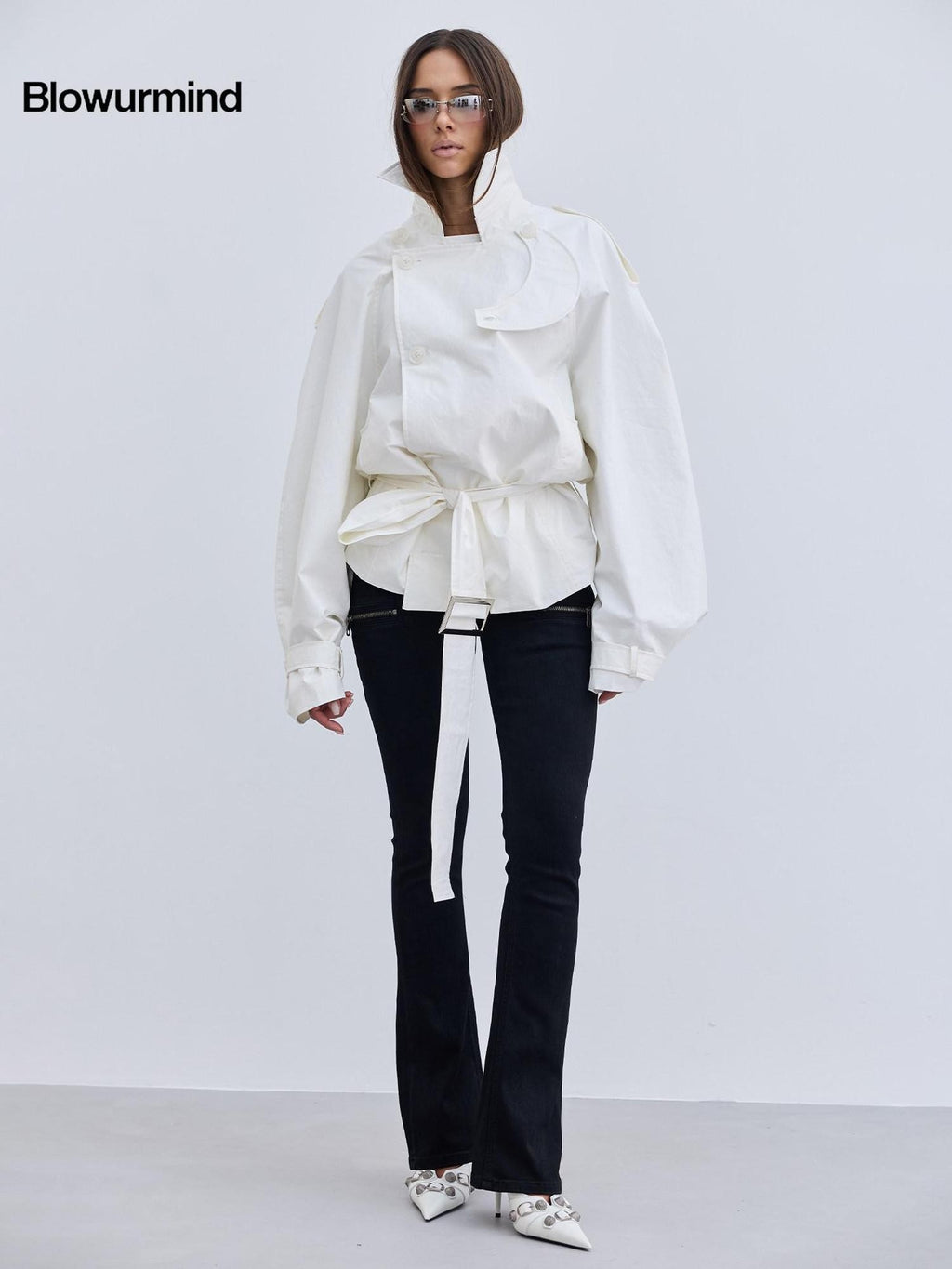 BUM STUDIO Oil Wax Texture Curved Blade Sleeve Silhouette Women's Pu Trench Coats