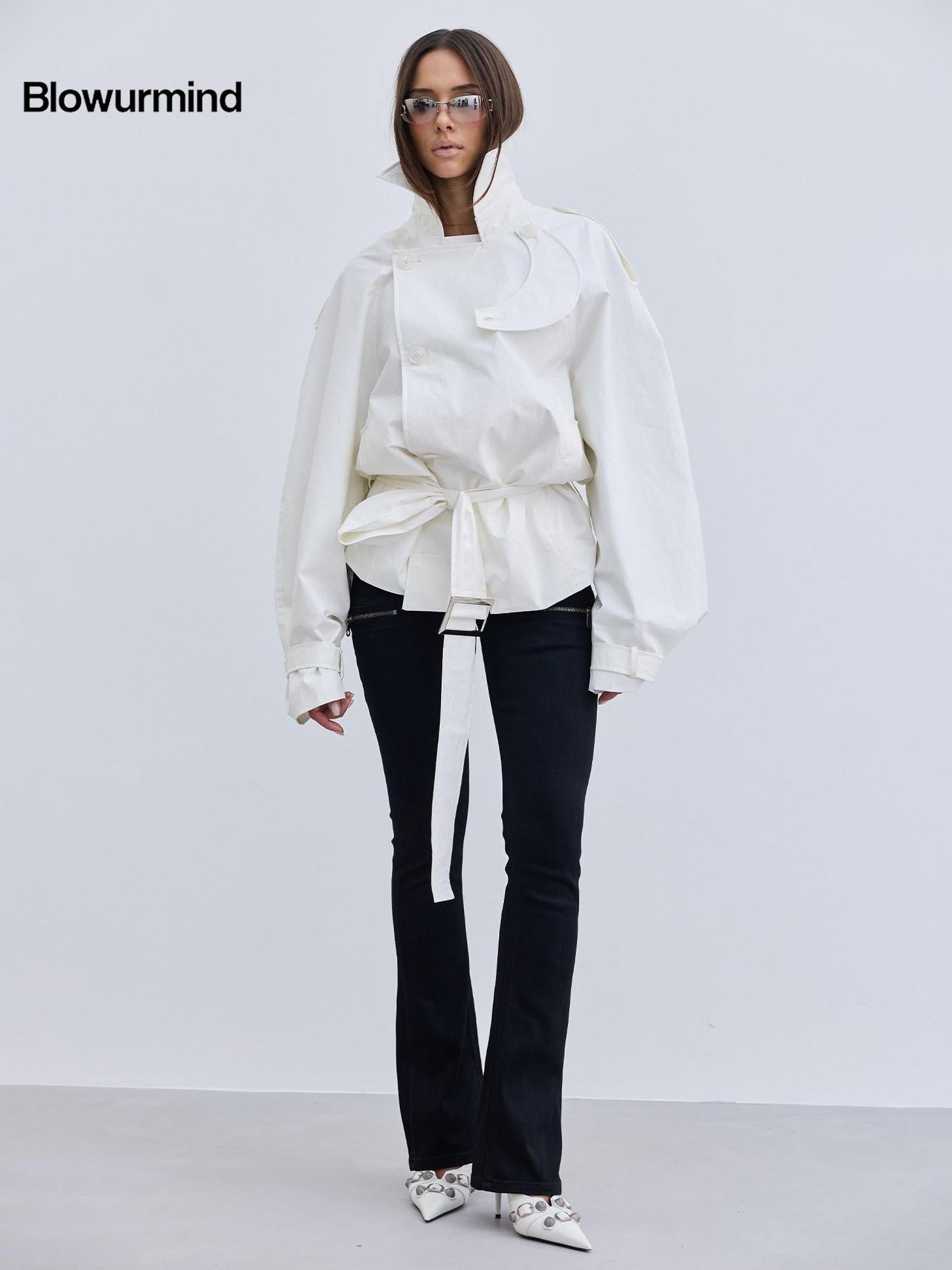 BUM STUDIO Oil Wax Texture Curved Blade Sleeve Silhouette Women's Pu Trench Coats