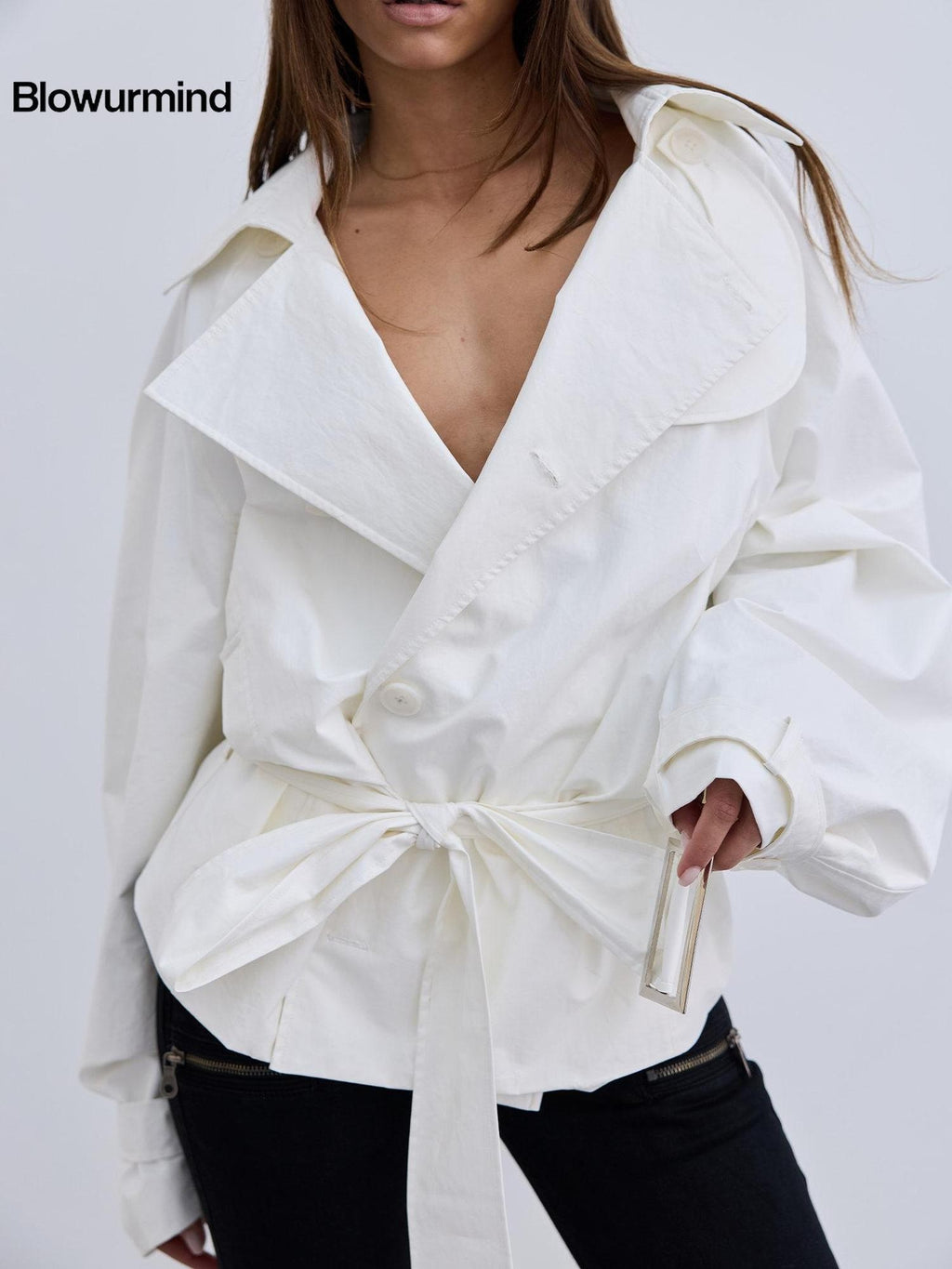 BUM STUDIO Oil Wax Texture Curved Blade Sleeve Silhouette Women's Pu Trench Coats