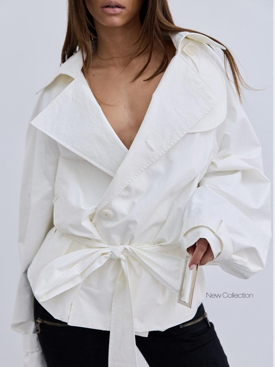 BUM STUDIO Oil Wax Texture Curved Blade Sleeve Silhouette Women's Pu Trench Coats