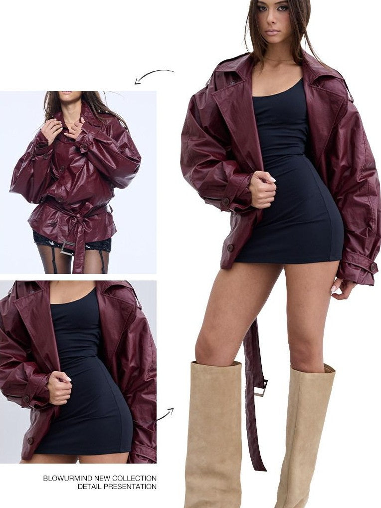 BUM STUDIO Oil Wax Texture Curved Blade Sleeve Silhouette Women's Pu Trench Coats