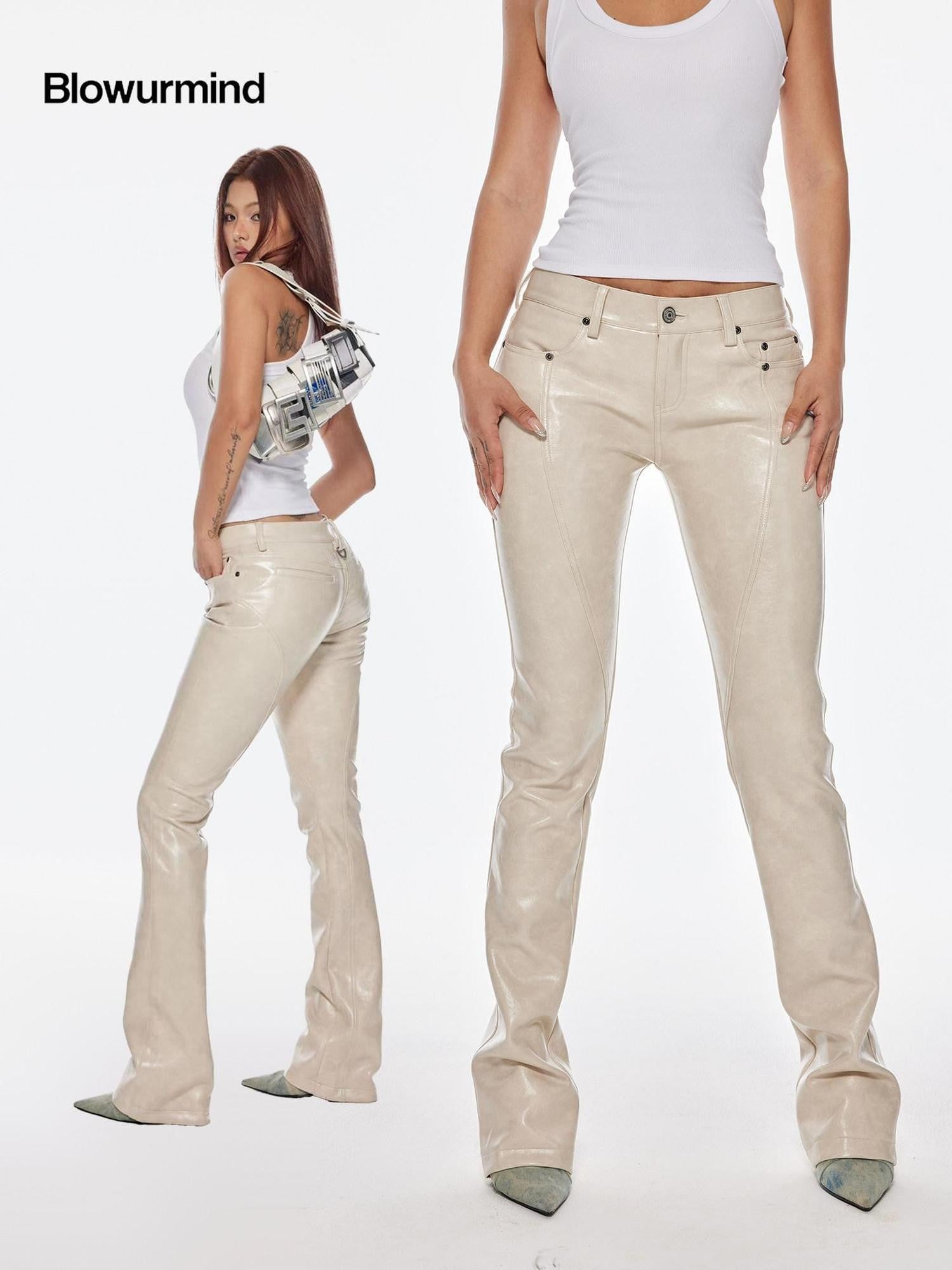 BUM STUDIO Oiled Wax Composite Patchwork Low Rise Micro Flare Women's Pu Leather Pants