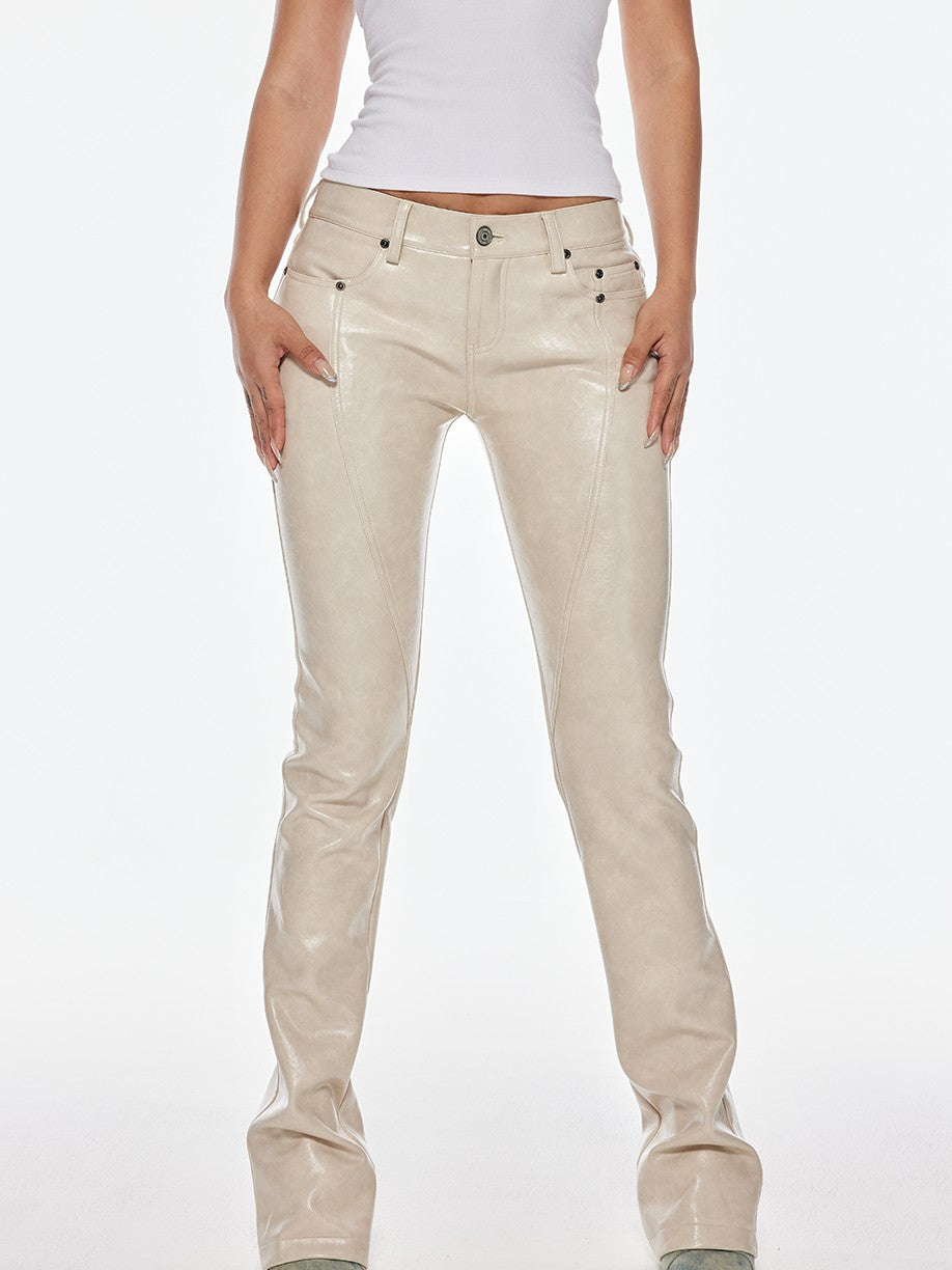 BUM STUDIO Oiled Wax Composite Patchwork Low Rise Micro Flare Women's Pu Leather Pants