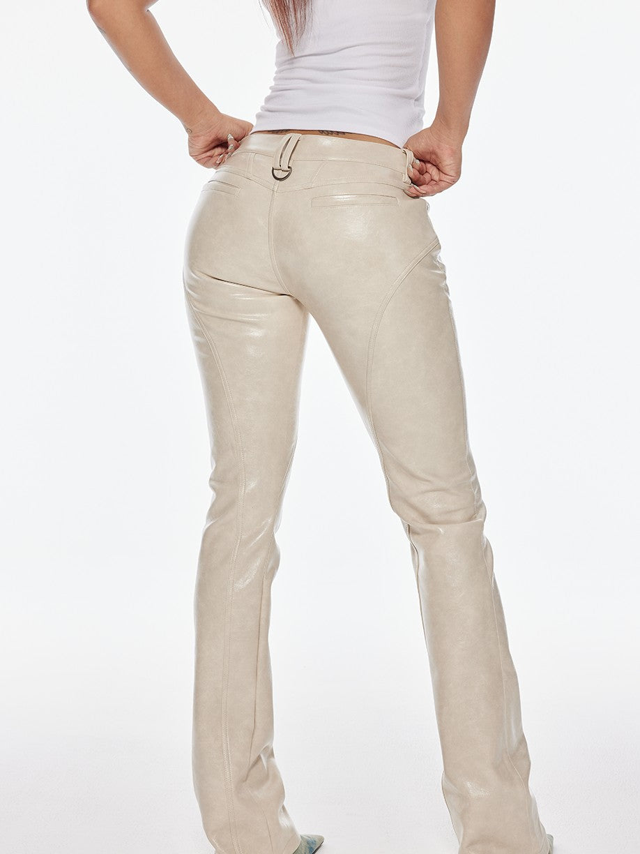 BUM STUDIO Oiled Wax Composite Patchwork Low Rise Micro Flare Women's Pu Leather Pants