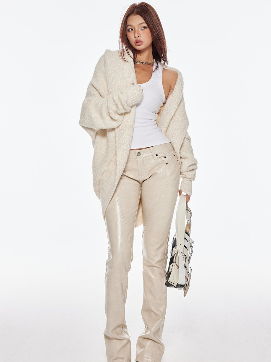 BUM STUDIO Oiled Wax Composite Patchwork Low Rise Micro Flare Women's Pu Leather Pants