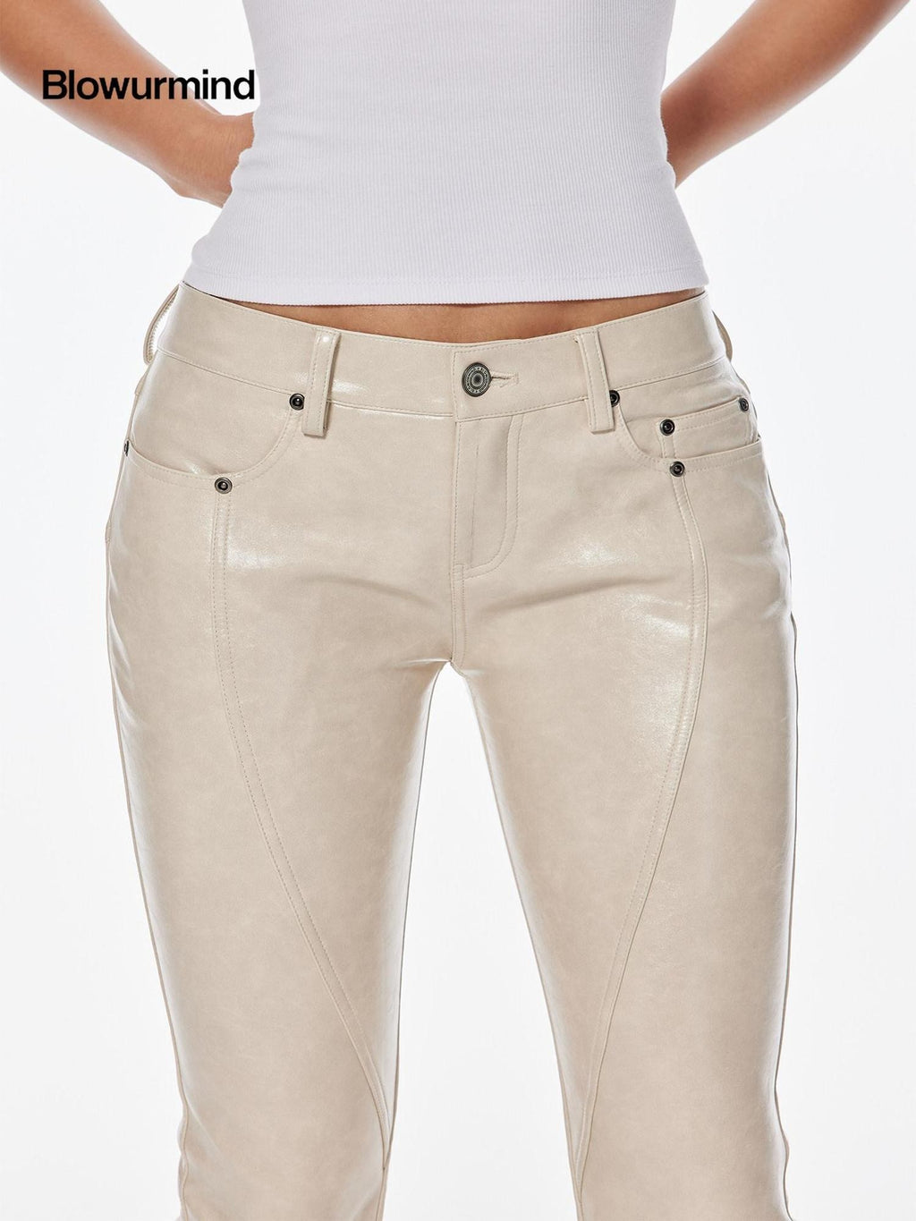 BUM STUDIO Oiled Wax Composite Patchwork Low Rise Micro Flare Women's Pu Leather Pants