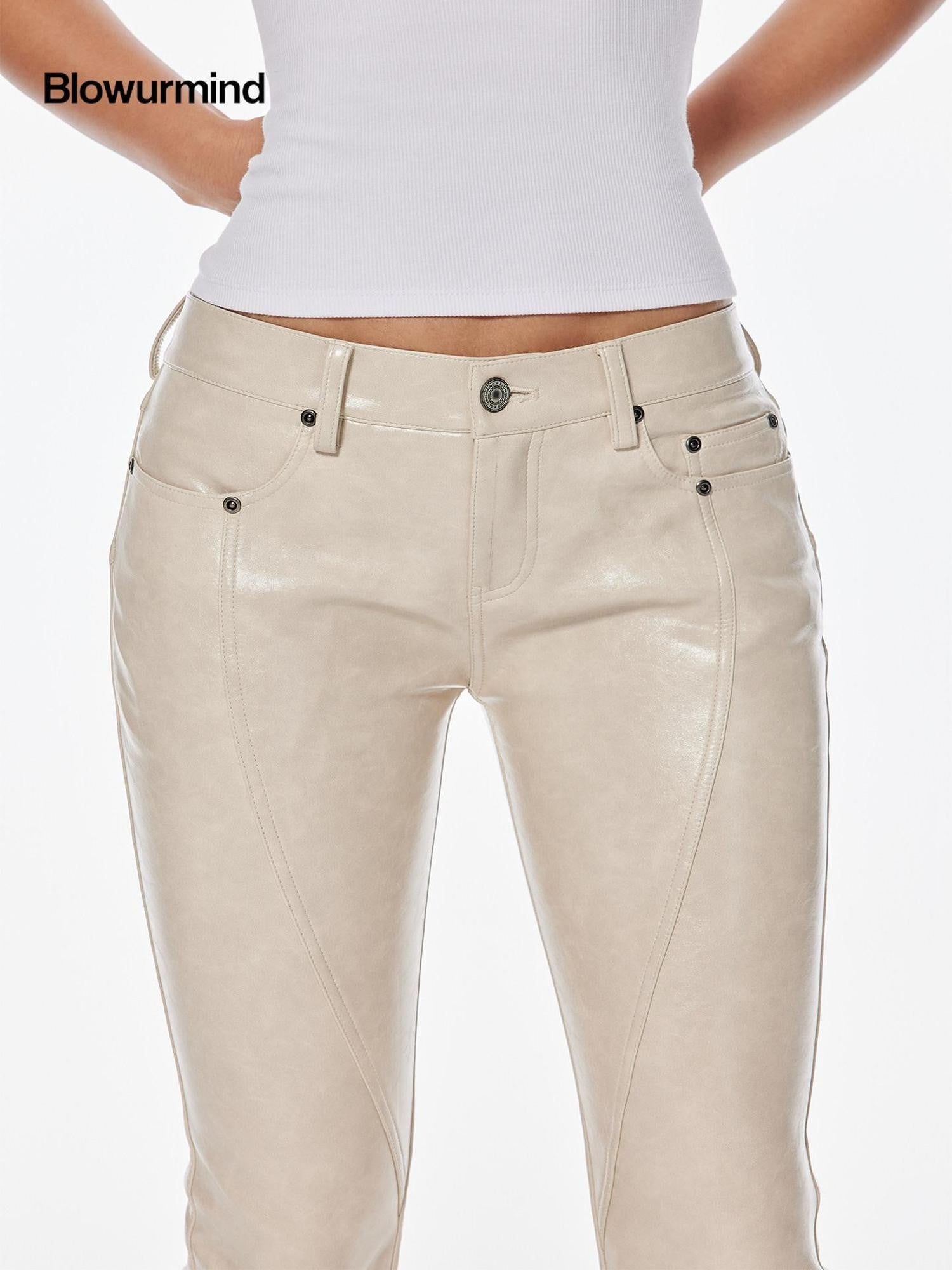 BUM STUDIO Oiled Wax Composite Patchwork Low Rise Micro Flare Women's Pu Leather Pants