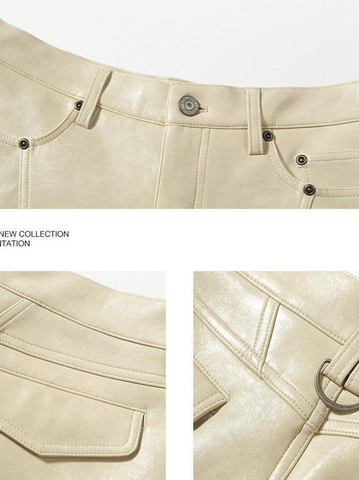 BUM STUDIO Oiled Wax Composite Patchwork Low Rise Micro Flare Women's Pu Leather Pants