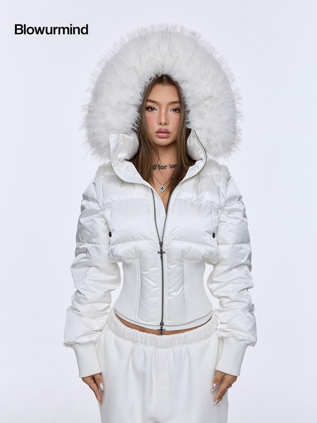 BUM STUDIO Oversized Fur Collar Slim Waist Removable Hood Women's White Duck Down Jackets