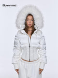 BUM STUDIO Oversized Fur Collar Slim Waist Removable Hood Women's White Duck Down Jackets