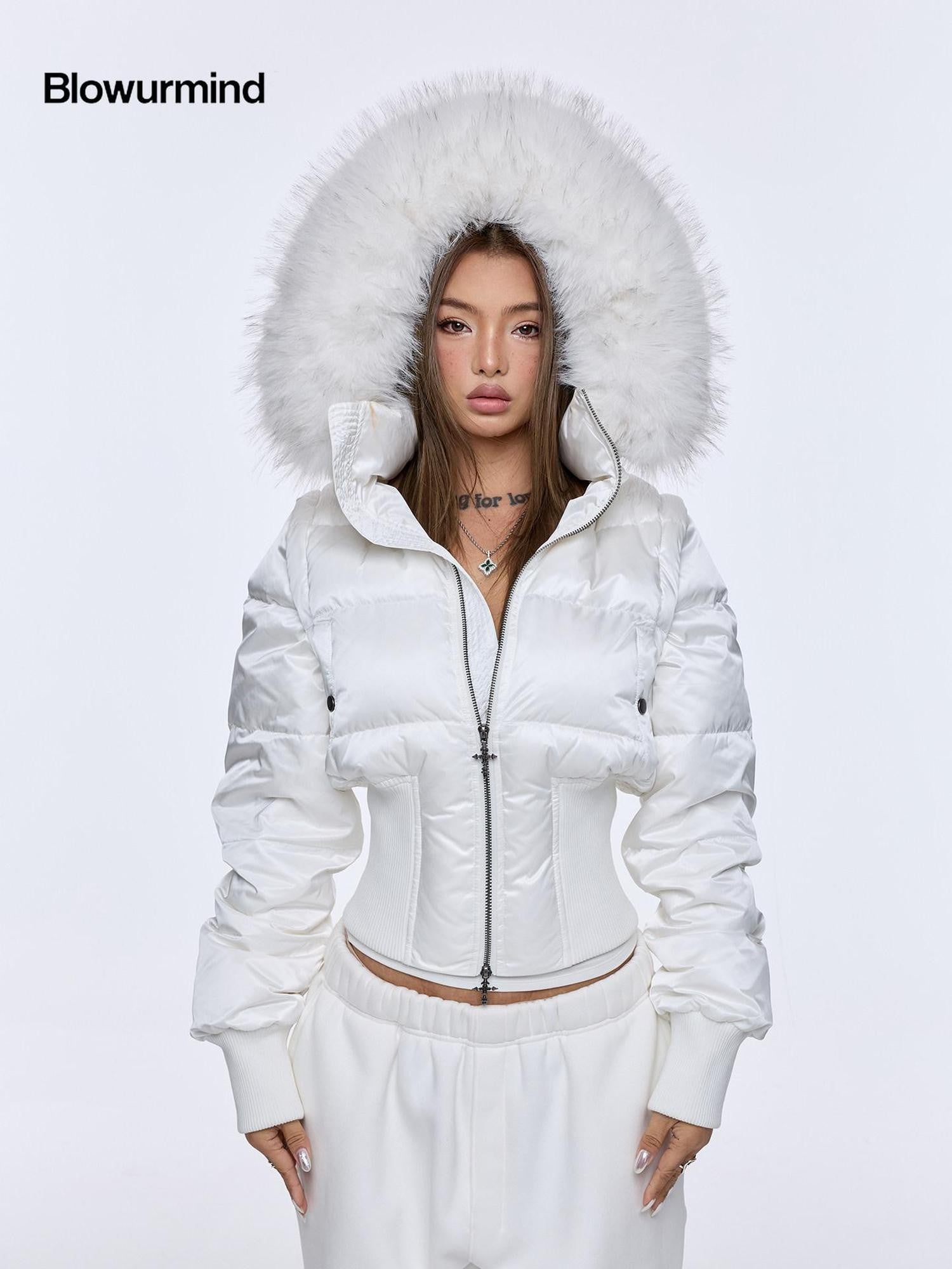 BUM STUDIO Oversized Fur Collar Slim Waist Removable Hood Women's White Duck Down Jackets
