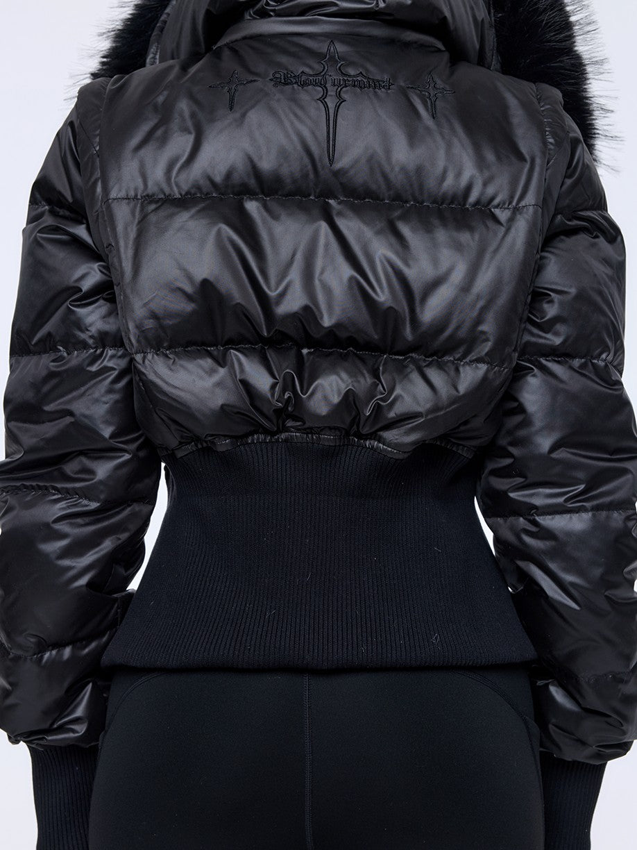 BUM STUDIO Oversized Fur Collar Slim Waist Removable Hood Women's White Duck Down Jackets