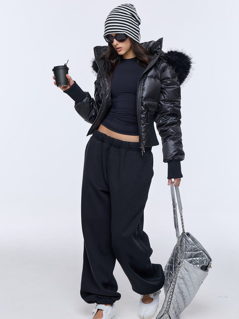 BUM STUDIO Oversized Fur Collar Slim Waist Removable Hood Women's White Duck Down Jackets