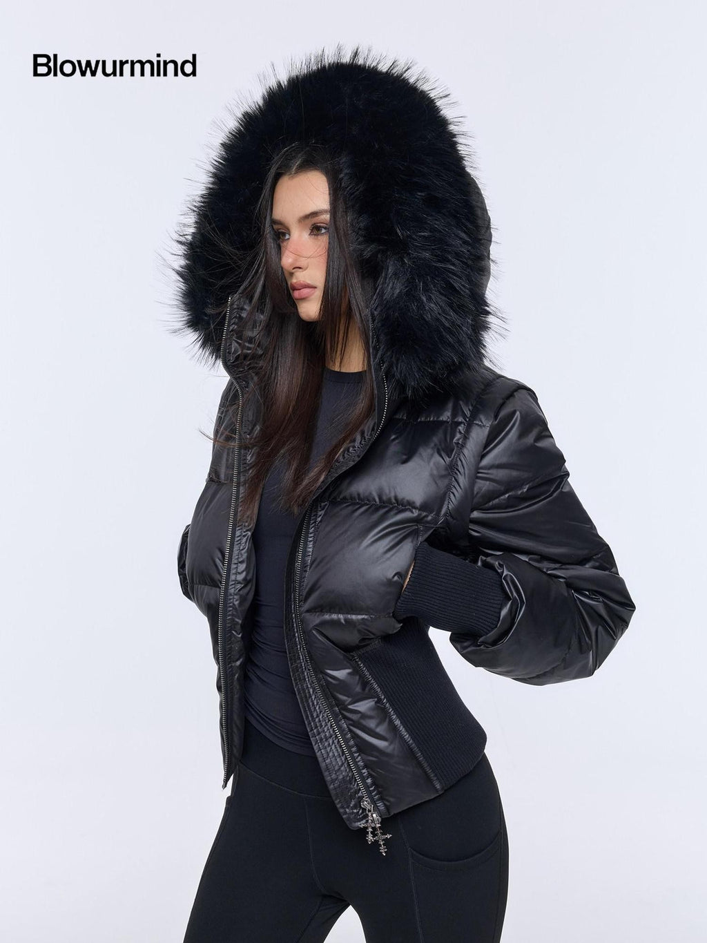 BUM STUDIO Oversized Fur Collar Slim Waist Removable Hood Women's White Duck Down Jackets
